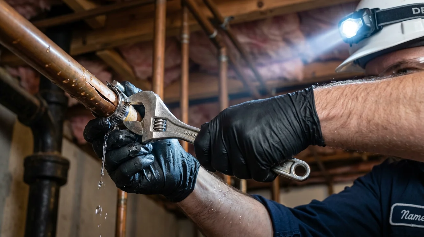Emergency pipe clamp repair being performed by a Johns Plumbing LLC plumber in Waynesburg
