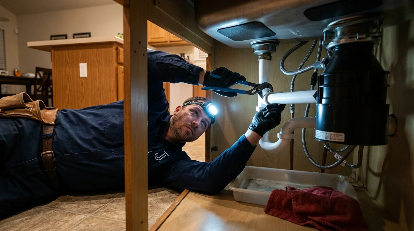 P-trap and supply line connections under a kitchen sink showing a common leak point in Waynesburg, PA